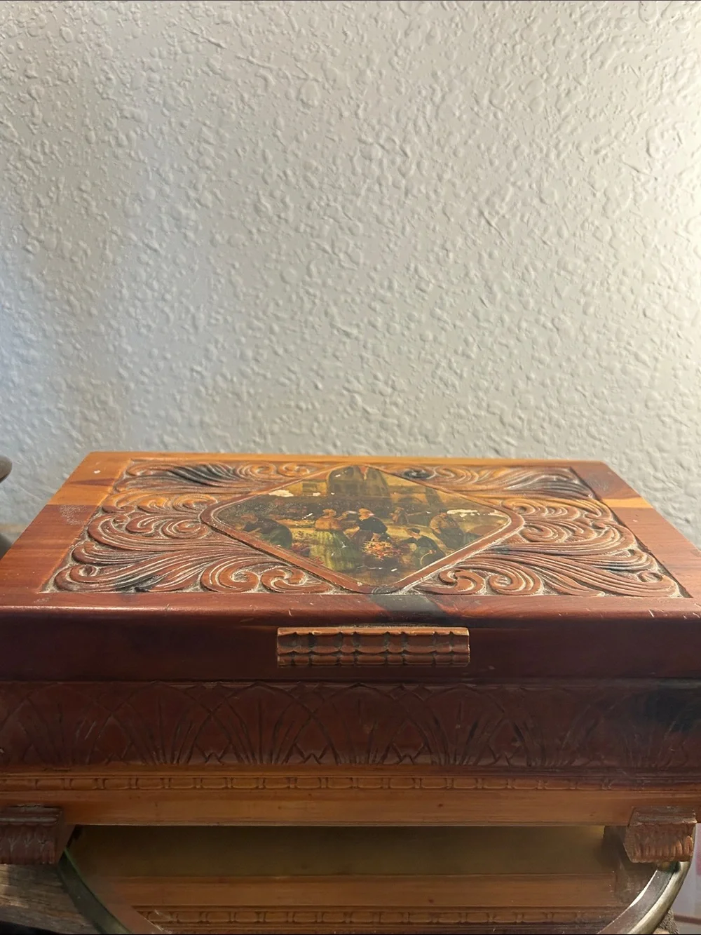 Hand-Carved Wooden Decorative Cedar Box in Warm Brown and Tan Cottage Core
